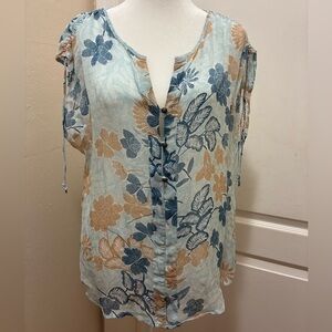 Lucky Brand Live In Love Sheer Blouse w/Mandarin Collar Pre Owned Great Cond